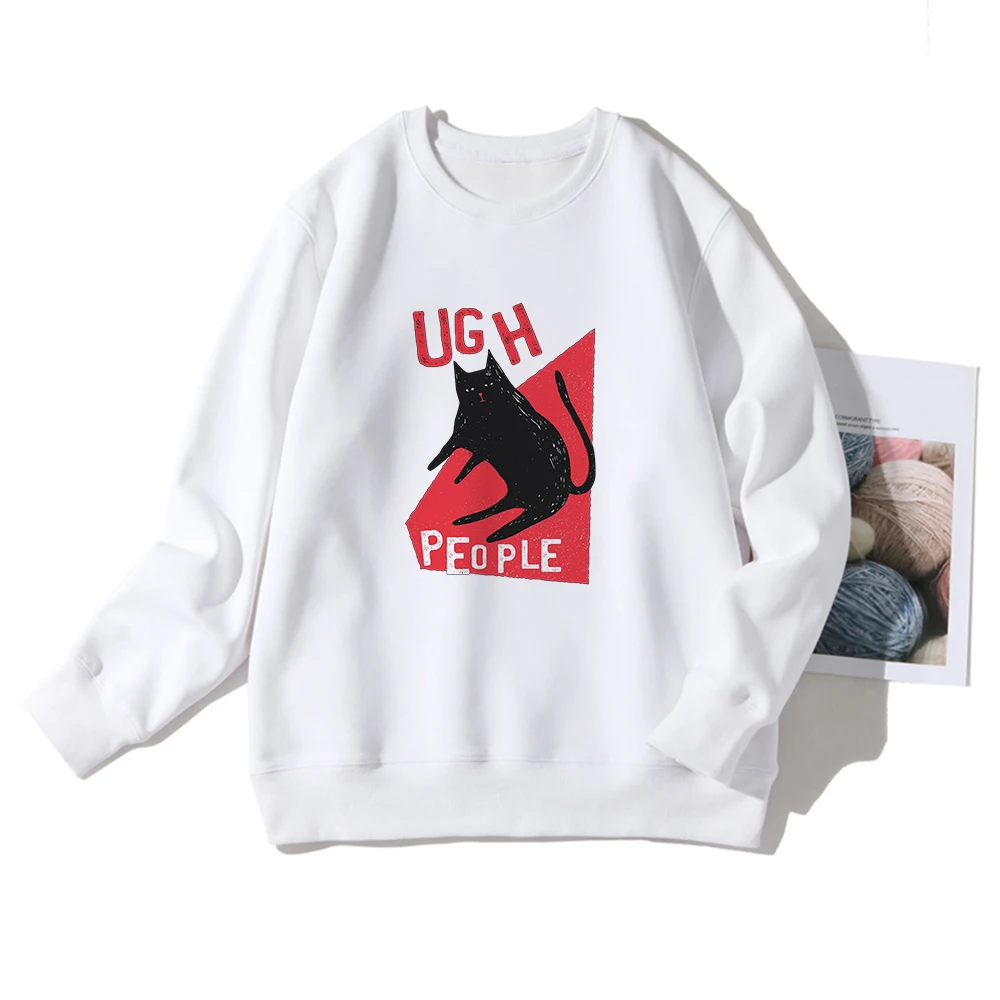 

Autumn Women Hoodies Funny Black Cat Simplicity Print UGH PEOPLE Hooded Harajuku Fashion Versatile Sweatshirt женская Coat